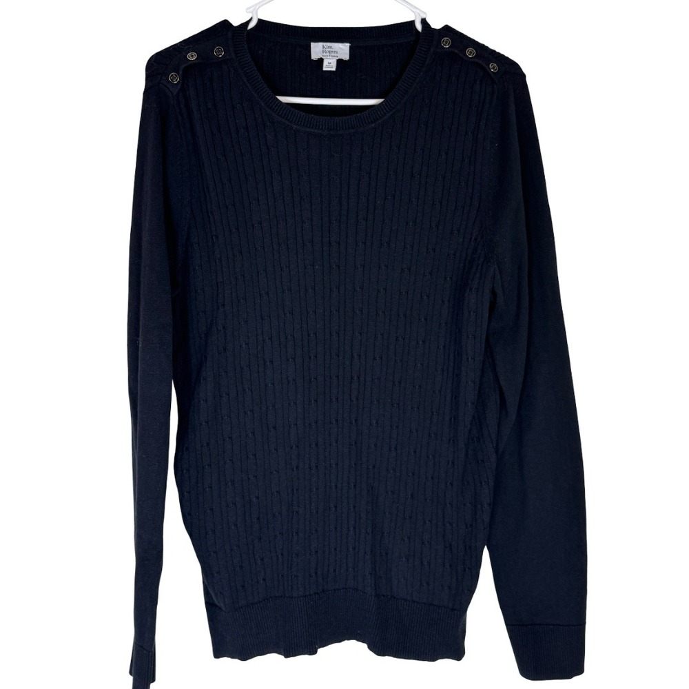 Kim Rogers Sweater Womens Medium Black Cable Knit Shoulder Button Long Sleeve M